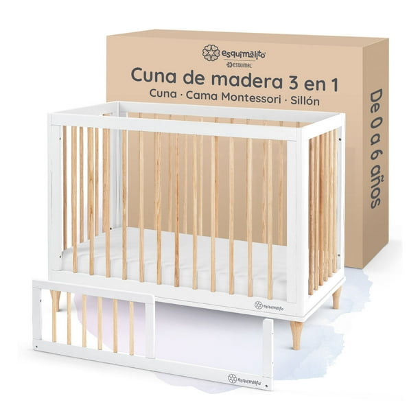 Cuna de Madera Convertible 3 en 1 Esquimal - Cuna, Cama Montessori y Sillón (Madera-Blanco, 125x65 cm)
