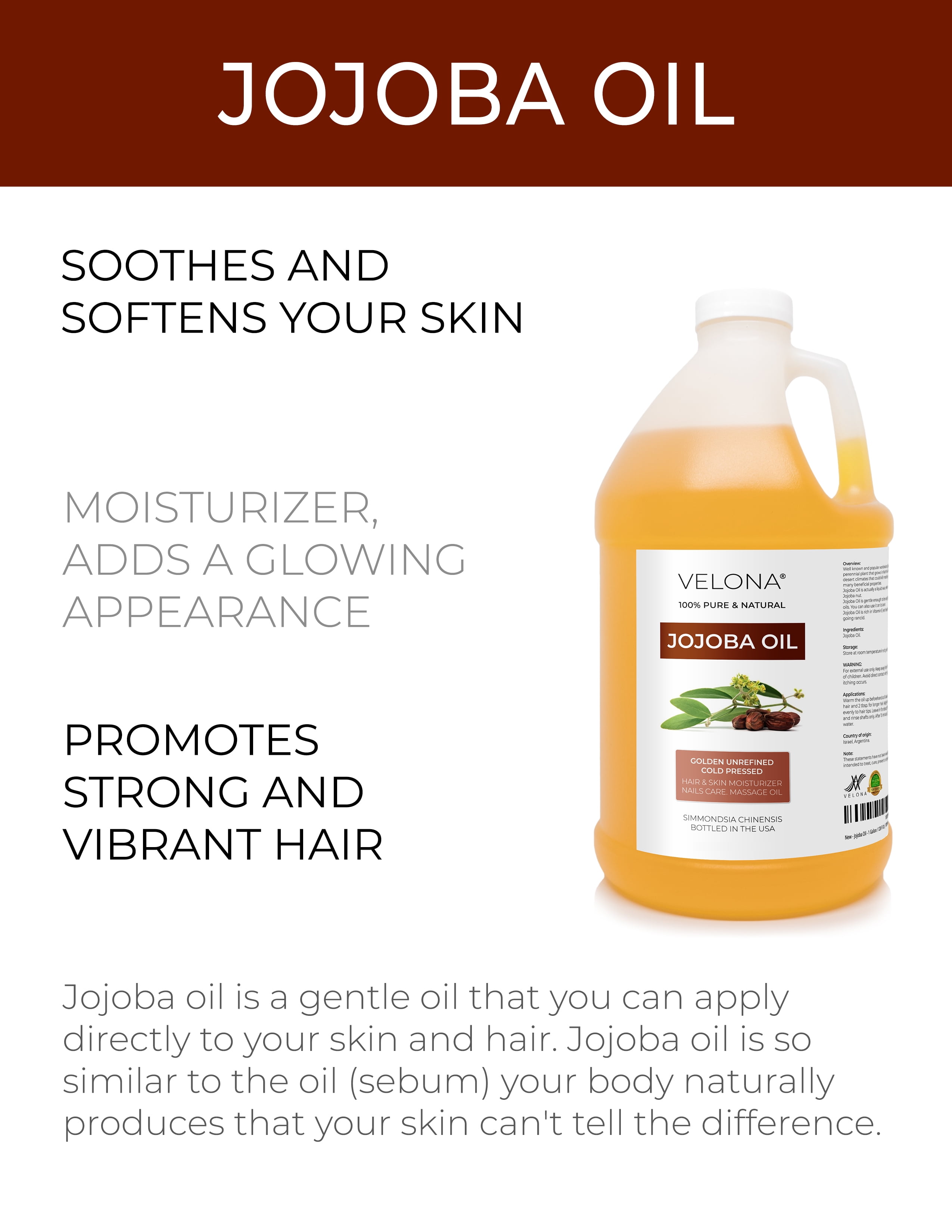velona Jojoba Oil - 64 Fl Oz | 100% Pure and Natural | Golden, Unrefined, Cold Pressed, Hexane Free | Moisturizing Face, Hair, Body, Skin Care