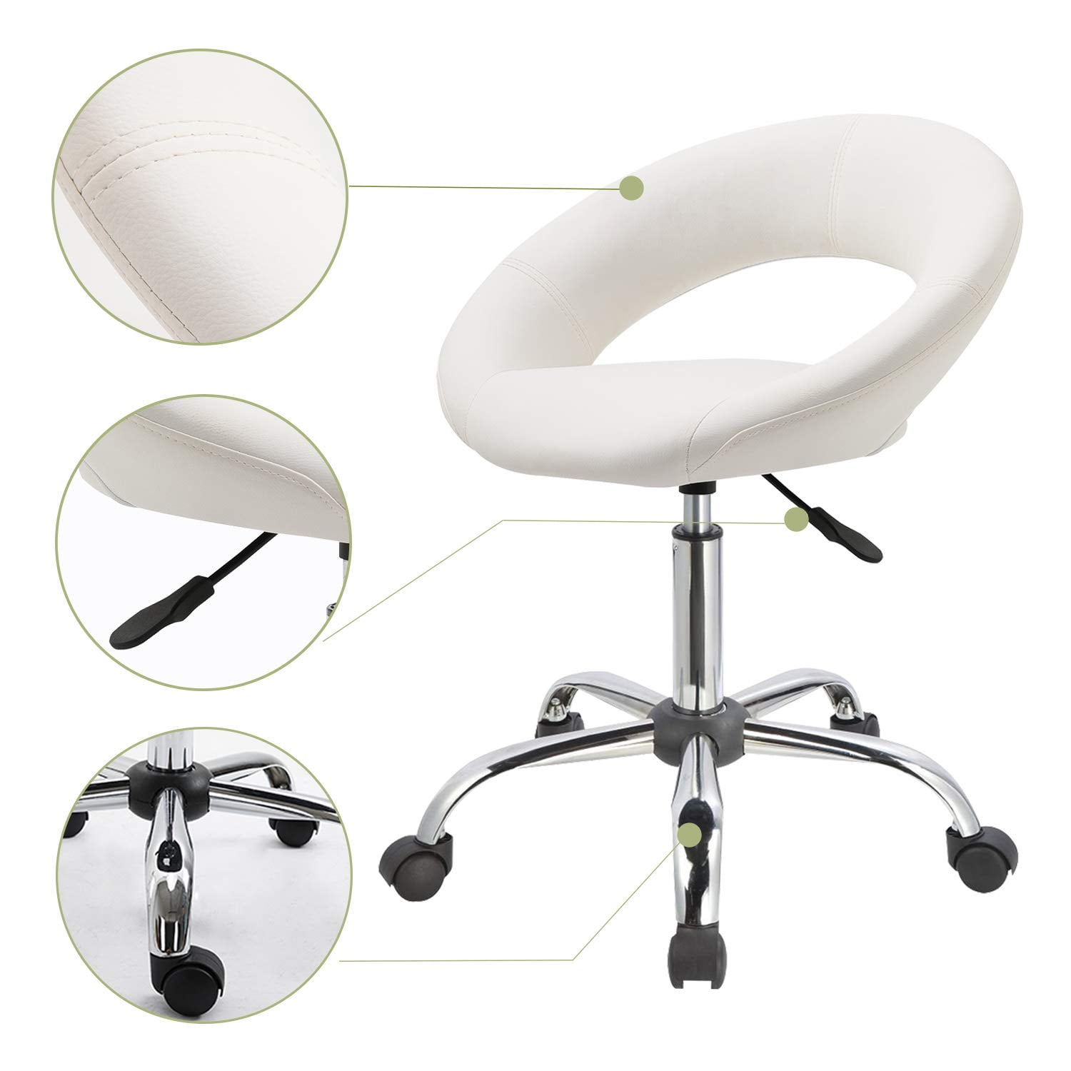 Duhome Faux Leather Office Desk Chair Vanity Chair Rolling Chair Adjustable Swivel Chair on Wheels Rolling Stool Salon Stool Vanity Stool Modern, White