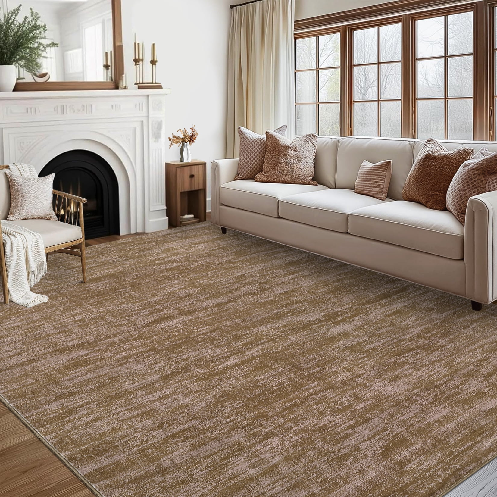 FairOnly 8'x10'Modern Abstract Non Slip Non Shedding Area Rug Solid Texture Machine Washable Rug for Living Room Bedroom Dining Room，Camel