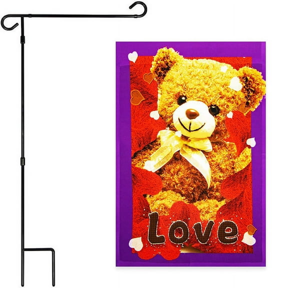 G128 Combo Pack: Garden Flag Stand Black 36x16IN & Garden Flag Love Toy Bear 12x18IN