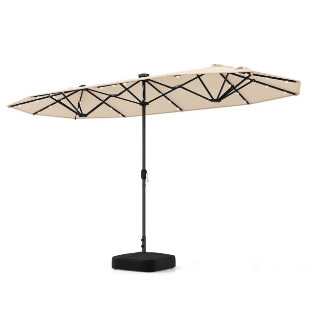 Costway 13FT Double-sided Patio Umbrella with Solar Lights Crank Handle Umbrella Base Beige