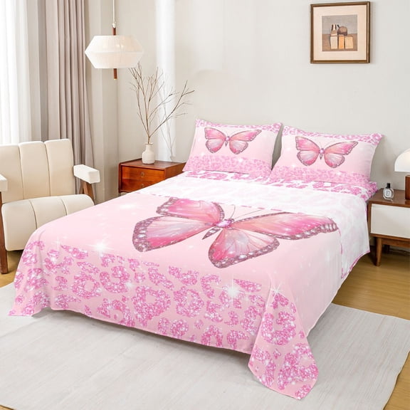 jejeloiu Cartoon Leopard Pattern Twin Sheet Sets,Cute Butterfly Twin Fitted Sheet,Pink Glitter Print Flat Sheet For Kids,Ultra Soft Home Decor,3 Pieces
