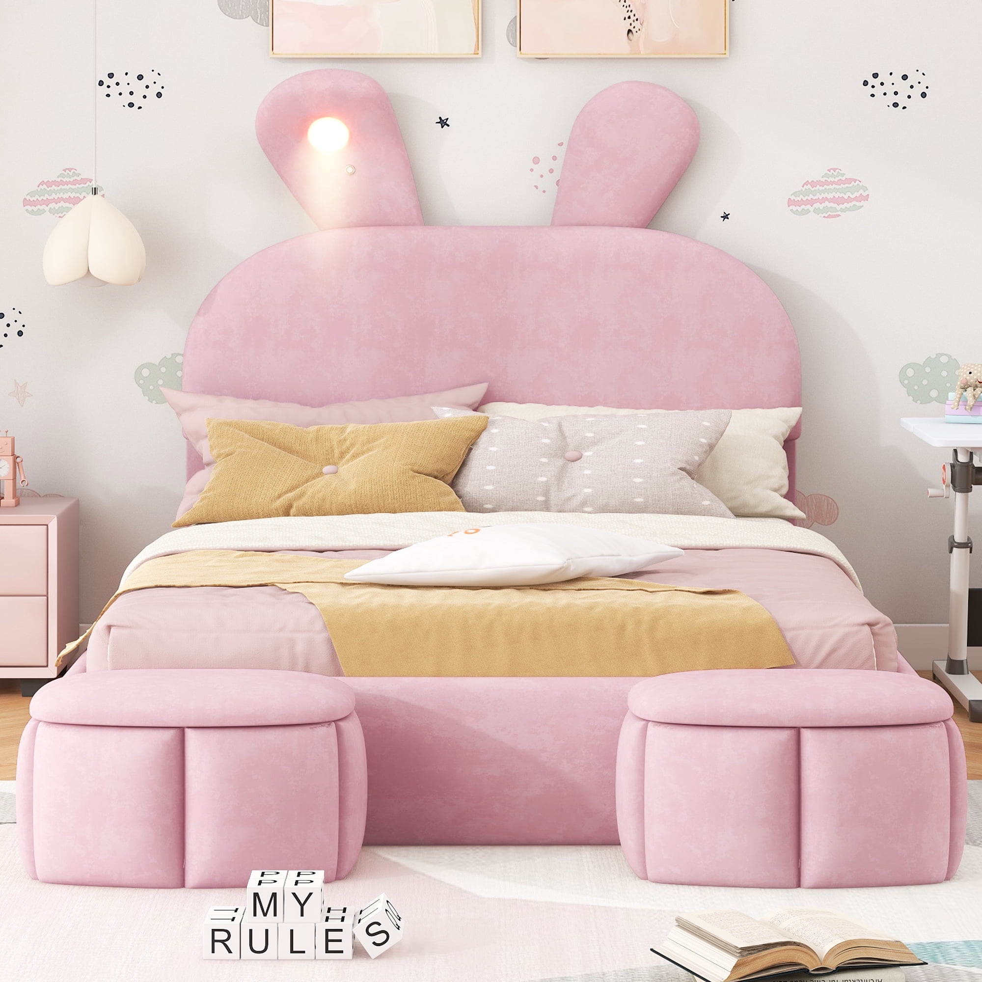 Euroco Upholstered Full Size Platfrom Bed, Bunny Shaped Bed with LED Light and Storage Cabinets