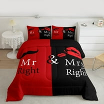Manfei Mr Mrs Full Size Comforter Sets,Couple Valentine Day Bedding Comforter Set,Red Black Bedding Sets For Men Women,Ultra Soft Home Decor Reversible,3-Piece
