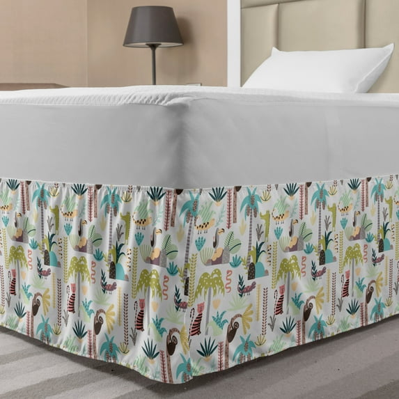 Jungle Bed Skirt, Forest Trees Plants and Wild Animals in Cartoon Style Tropical Climate Nature Print, Elastic Bedskirt Dust Ruffle Wrap Around for Bedding Decor, 4 Sizes, Multicolor, by Ambesonne