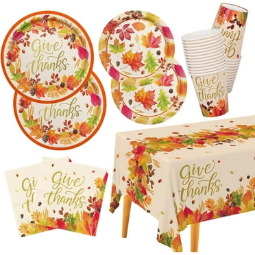 Fall theme Party Supplies Kit, Serve 25, Autumn Harvest Disposable Dinnerware Includes: Paper Dinner Plates, Dessert Plates, Napkins, Cups, and Tablecloth, for Thanksgiving Party Decorations