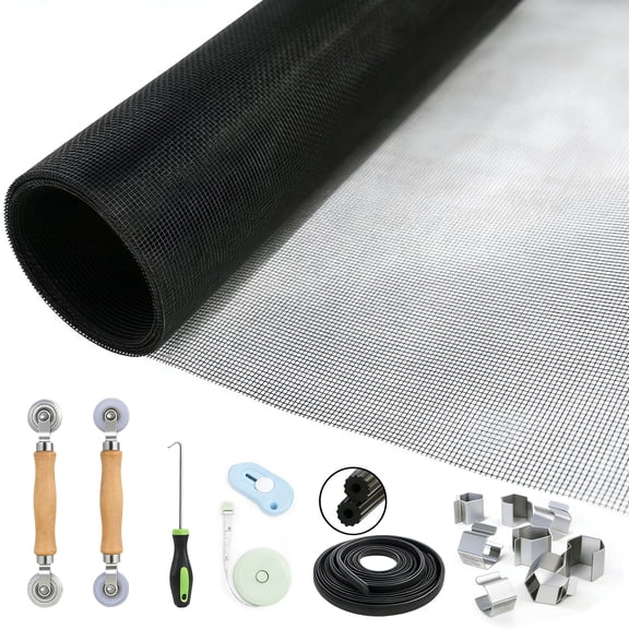 Tarvako Window Screen Door Repair/Replacement Kit, 48" x 177", Durable Fiberglass Mesh with Rolling Tool/Hook/Ruler/Cutter/Spline/Clips, Window Screen & Screen Door Mesh & Screen Porch Repair Kit