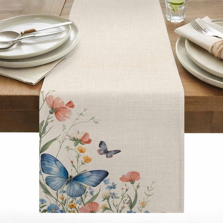 Spring Butterfly Flower Cotton Linen Table Runner Retro Country Blue Butterfly Red Floral Leaf Linen Dining Table Runners for Home Decor Party Dining Room Restaurant Kitchen 13 x 90
