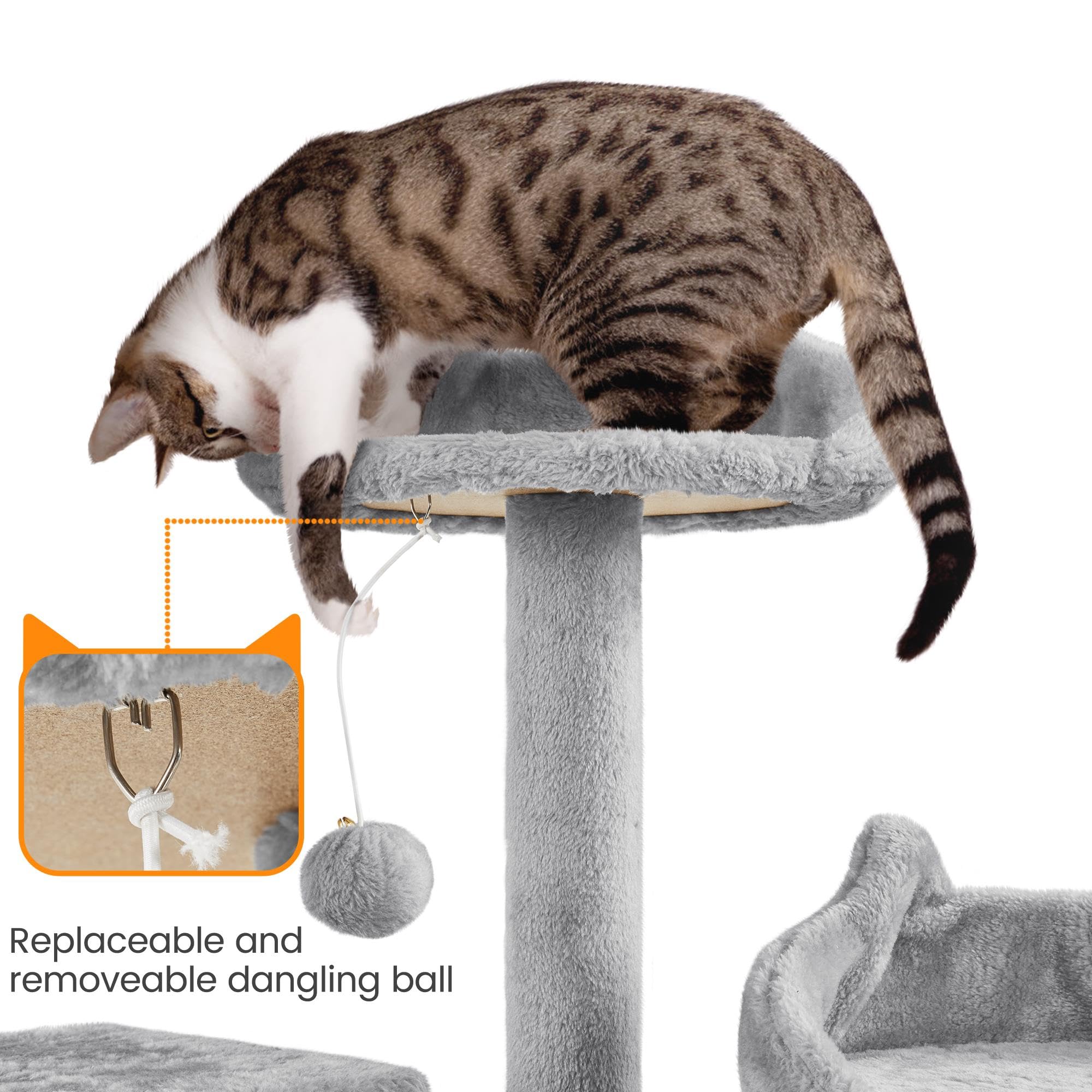 XL Cat Tree Tower with 2 Cozy Caves, 3 Perches, Scratching Posts, Board, Dangling Ball, Multi-Level Playhouse for Kittens and Adult Cats, Light Gray