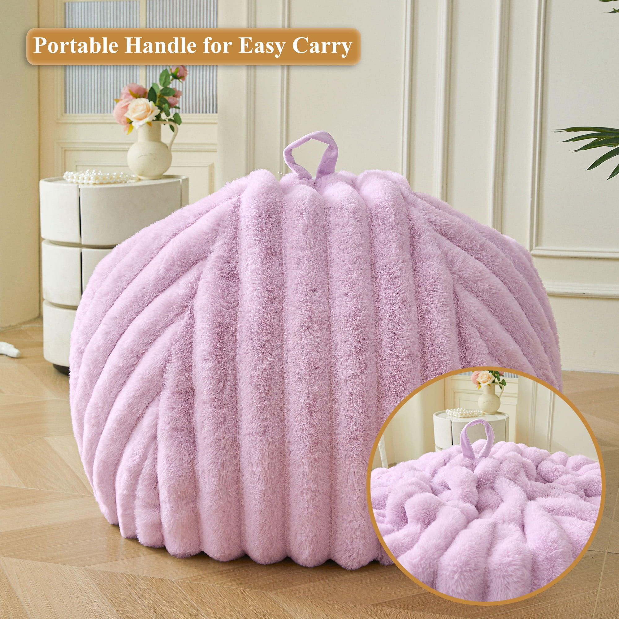 XeGe Kids Fluffy Faux Rabbit Fur Bean Bag Chair Cover(No Filler), Light Purple Plush Striped Stuffed Animal Storage Bean Bag, Fuzzy Furry Ribbed Beanbag Cover Kids Girls Adults, Anti-slip, Lavender