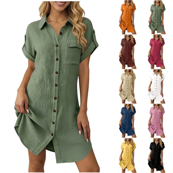 Dress for Women Casual Loose Fit Short Sleeve Solid Striped Button Down Shirts Dresses Army Green L