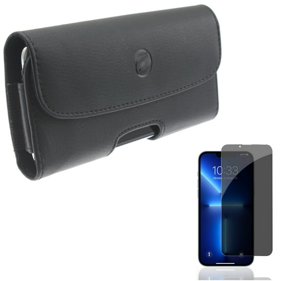 Privacy Screen Protector & Case Belt Clip for iPhone 13/Pro - Combo with Tempered Glass Curved Anti-Spy Anti-Peep & Leather Holster Cover Pouch
