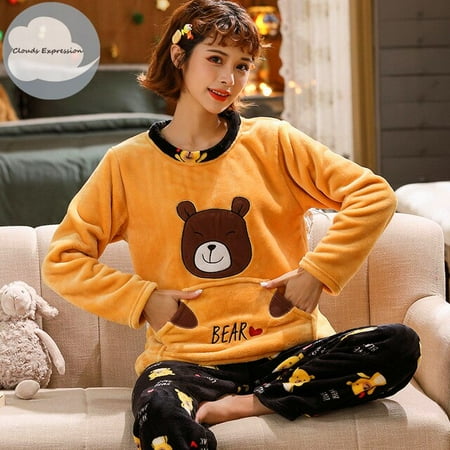 

QWZNDZGR Winter Long Sleeved Warm Flannel Pajamas Women Pajama Sets Print Thicken Sleepwear Pyjamas Plus Size Pajama Sets M-3XL Nightwear
