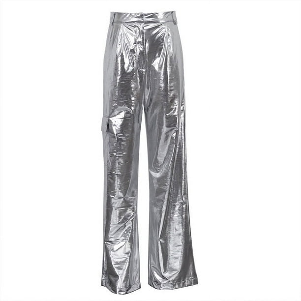 Pantalones de cuero PU de cintura alta con bolsillos de moda de primavera para mujer, pantalones casuales de color caramelo