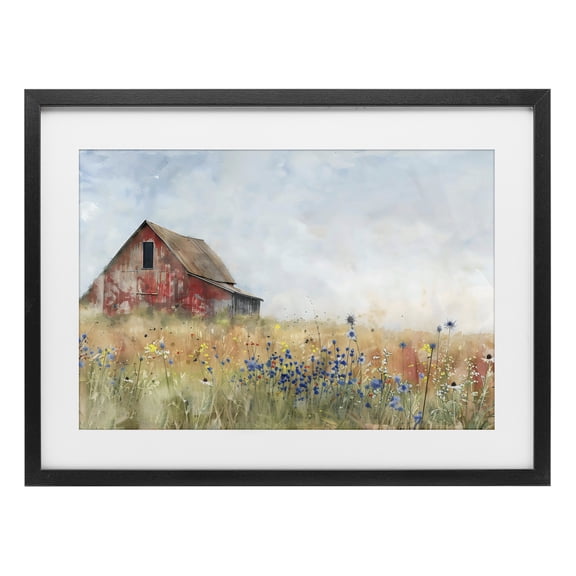 Stupell Industries French Country Rustic Barn in Colorful Meadow Black Framed Print Under Glass, 20 x 14, by Creative Studio