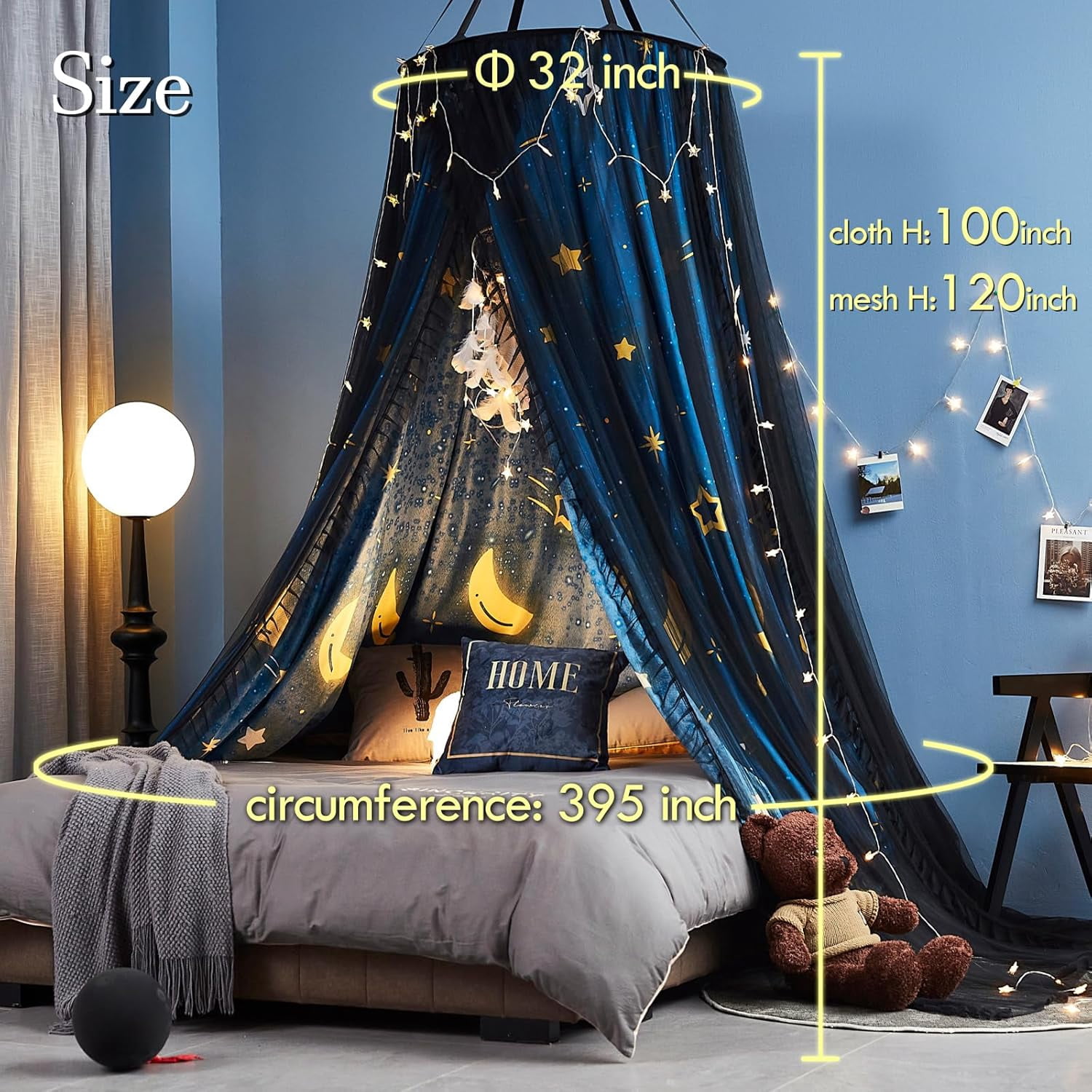 Gorgeous Star Printed Bed Canopy for Girls & Adults, Room Decorative Cozy Bed Curtain Canopy Drapes, Round Dome Luxurious Lace Princess Canopies Mosquito Netting (Star)