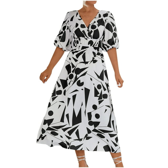 Birdeem Robe Décontractée Mode pour Femmes Col en V Imprimé Floral Fendu Manches Bouffantes