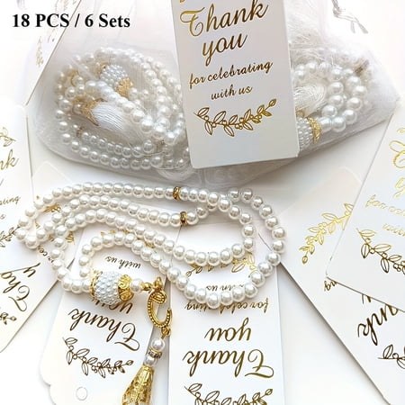 18Pcs Glass Imitation Pearl Misbaha Tasbih Rosary, 99 Beads Prayer Beads for Worship Meditation, Eid Ramadan Islamic Gift with Cards Organza Bags