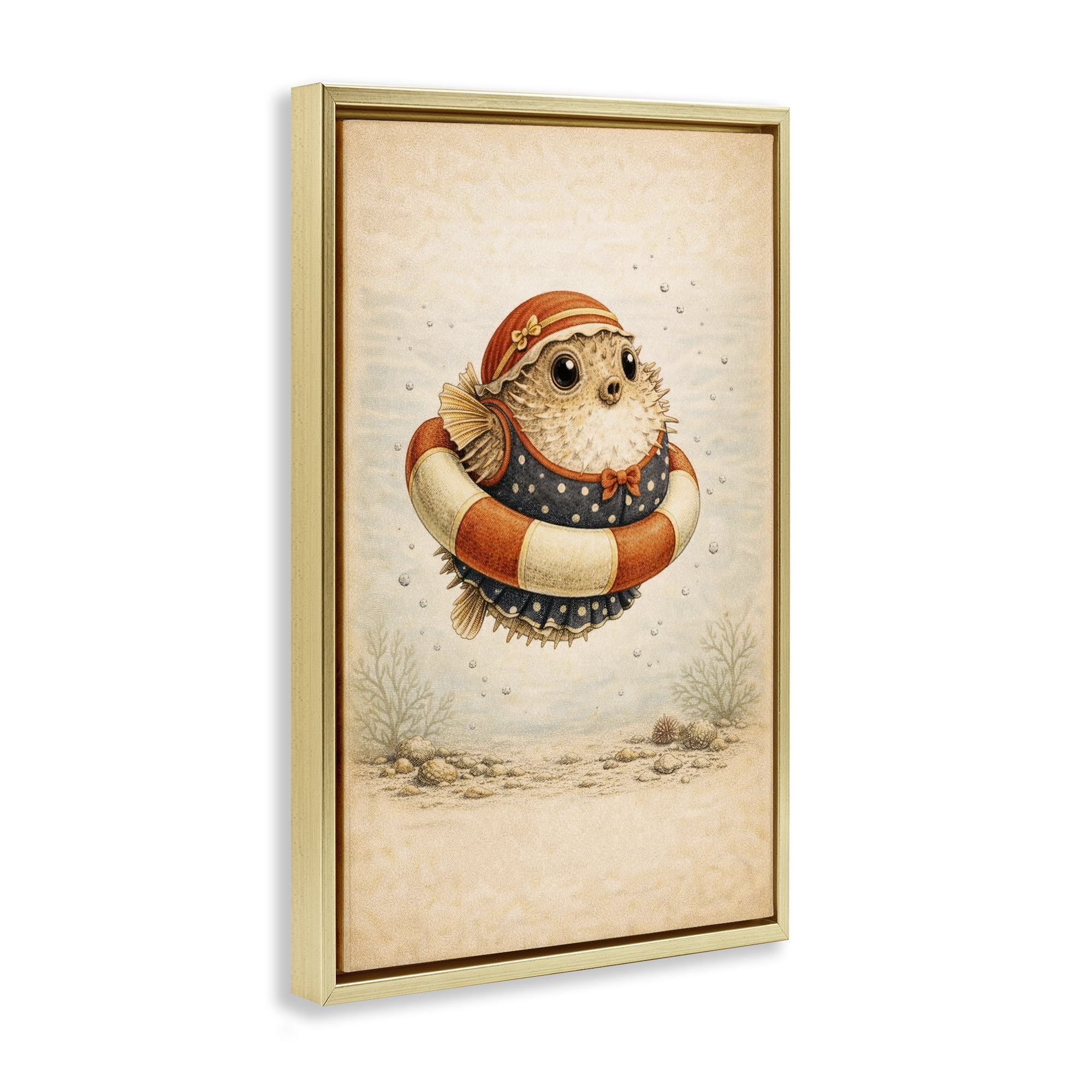 Stupell Industries Pufferfish Of Maritime Bathing Society Gold Framed Floater Canvas Wall Art, design by Grotto Studios