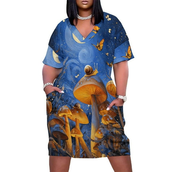 Mushroom Butterfly Flower Women's Loose Short Sleeve Dress Casual Summer Plus Size Long Dresses with Pockets