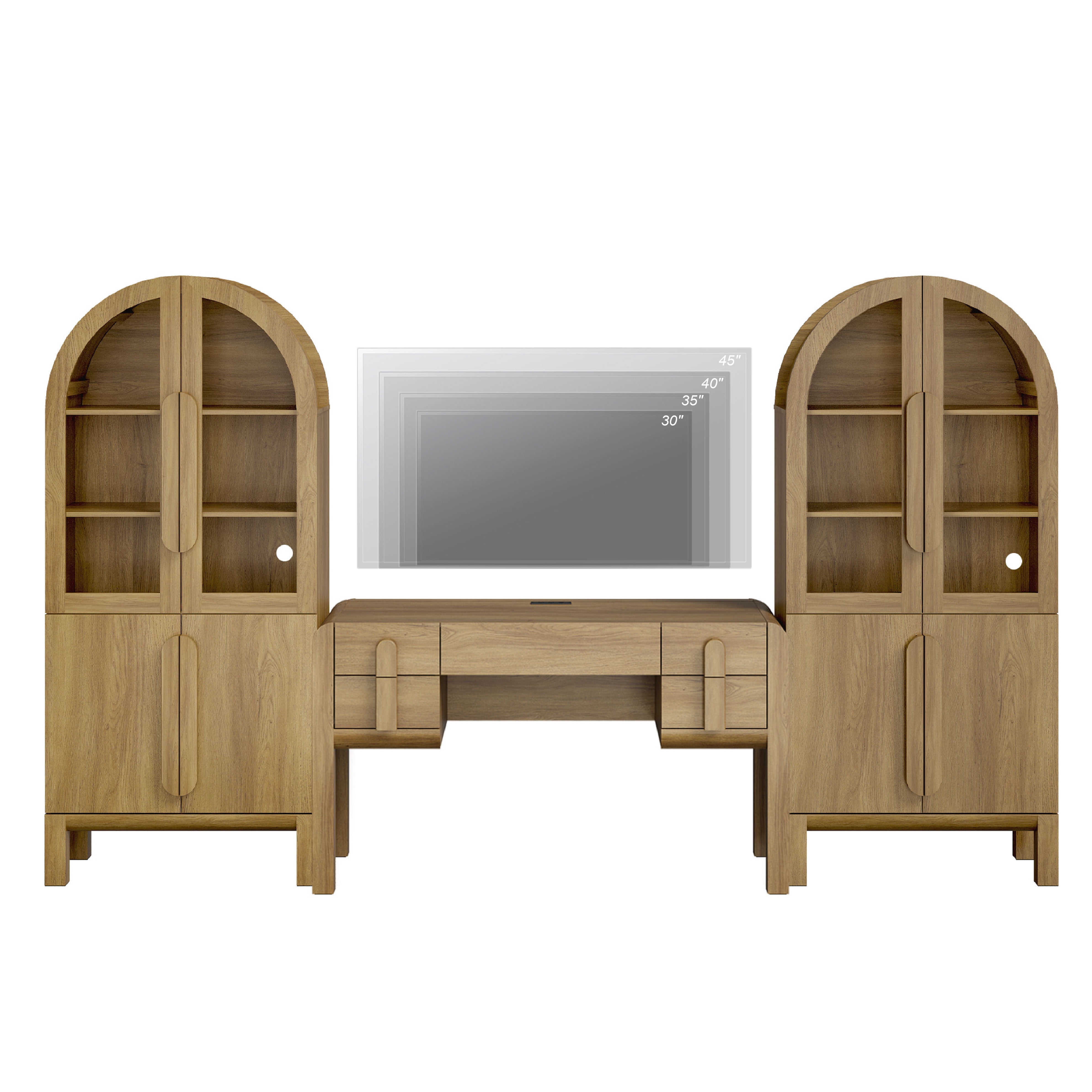 Home Office Set, 53.5" Modern Executive Desk with Charging Station and Drawers & 2 Piece 71"H Tall 3-Tier Arched Bookcases with Glass Door for Living Room, Bedroom, Home Office