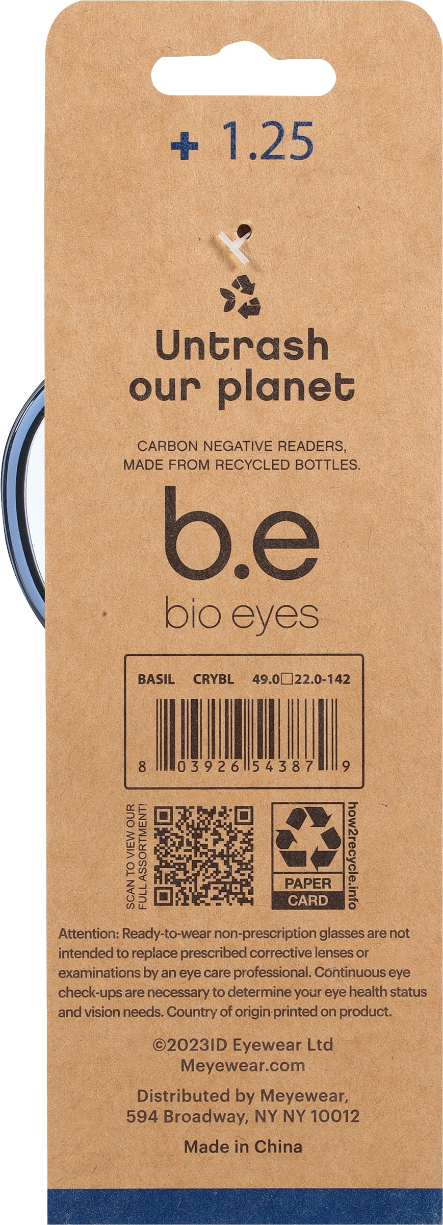 B.E Bio Eyes Unisex Round Reading Glasses Made from Recycled Plastic Basil +1.25 in Blue