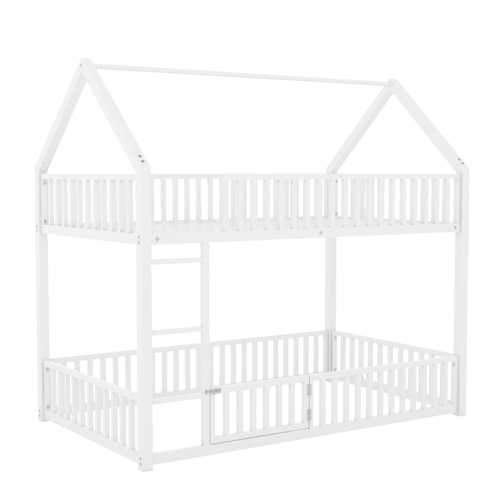 Aukfa Twin-over-Twin Bunk Bed with Fence and Door, Metal House Bed Frame for Kids Toddy, White