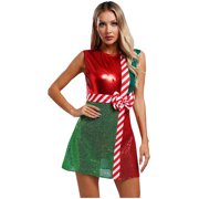 Eandarui Women's Christmas Sequins Bowknot Adorned Elf Costume Dress Mrs Santa Claus Party Outfit Red XL