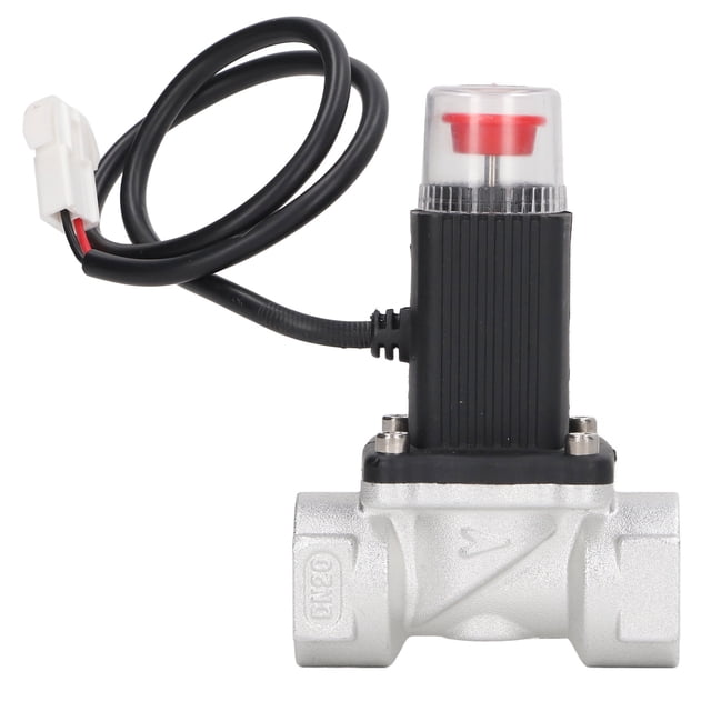 válvula de cierre de gas, kit de alarma detector de gas fácil de instalar ac90-240v para control de tuberías de gas Vista frontal centrada; cuerpo de válvula de aleación plateada con conexiones roscadas, actuador vertical negro con cubierta transparente y botón rojo, cable negro con conector blanco. Adecuado para control automático de válvulas de bola en instalaciones domésticas de gas y suele usarse para cortar suministro en caso de fuga, incluye detector y tornillería según especificación.