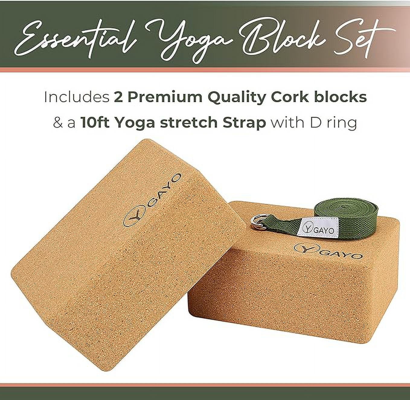 Cork Yoga Blocks Set, 2 Pack with Stretch Strap - Large, Sturdy, 9 X 6 X 4 inches, Premium Sustainable Natural Cork Blocks and Strap Set, Yoga Bricks for Superior Stability, Balance and Support in Yog
