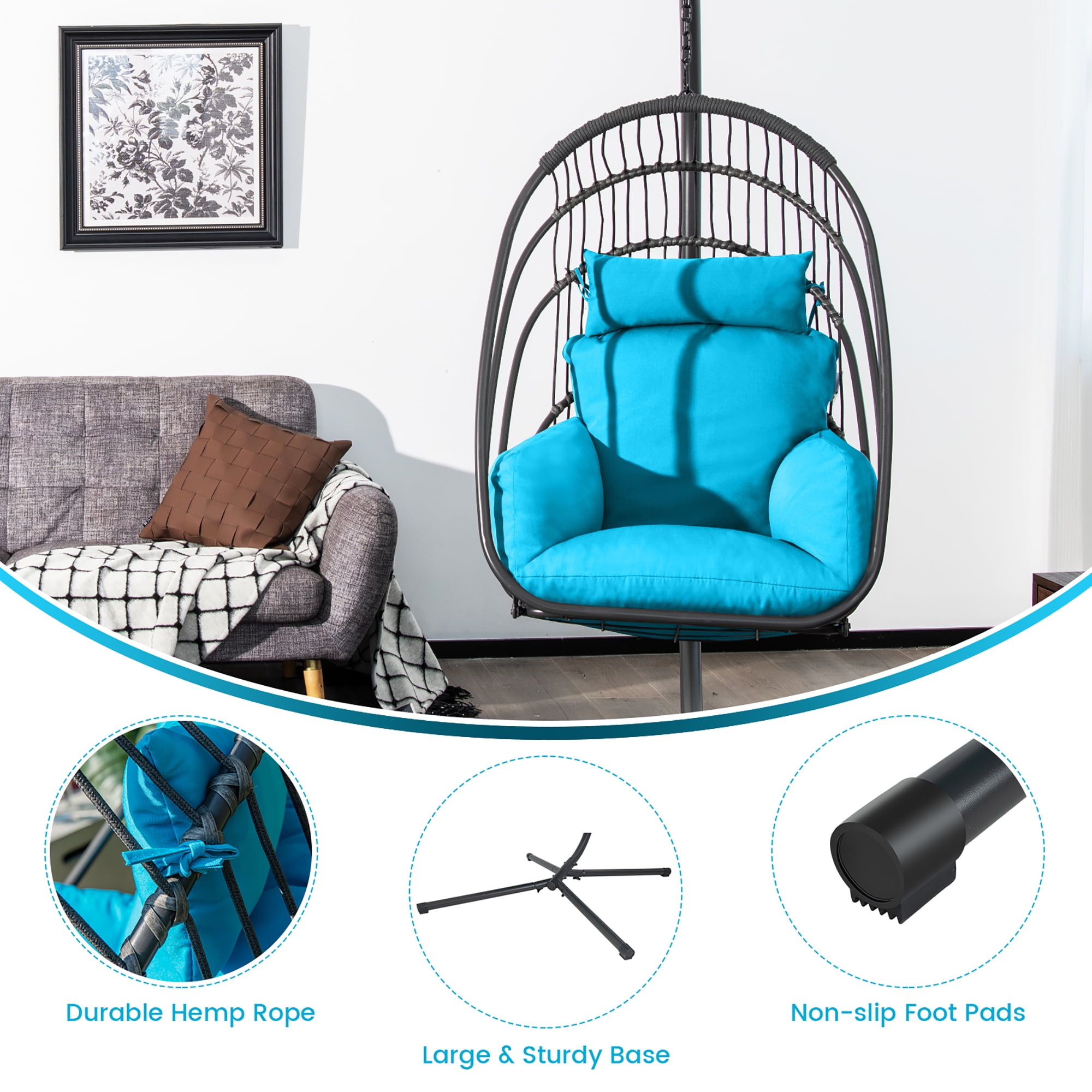 Hanging Egg Chair with Head Pillow and Large Seat Cushion - Costway