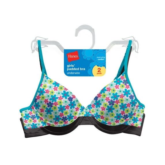 Hanes Girls Padded Underwire Bra - Best-Seller, 36, Black/Jumble Flowers Print