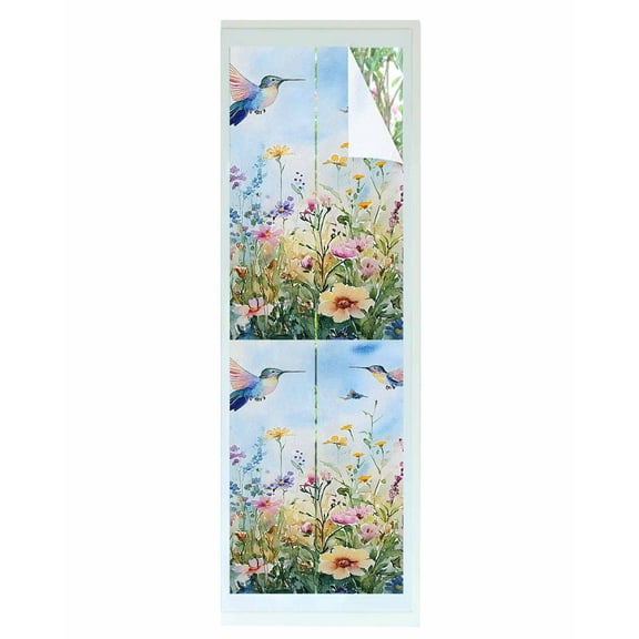 Window Privacy Film Spring Floral Stained Glass Window Film Decorative Sun Block Window Cover Summer Botanical Hummingbird Window Clings Static Adhesive Sticker for Bathroom 17.7"x78.7"