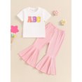 thumbnail image 2 of Suealasg Kids Little Girl 2Pcs Summer Outfits Short Sleeve Letter Embroidery Tops + Flare Pants Set 3T 4T 5T 6T Toddler Girl Clothes, 2 of 7