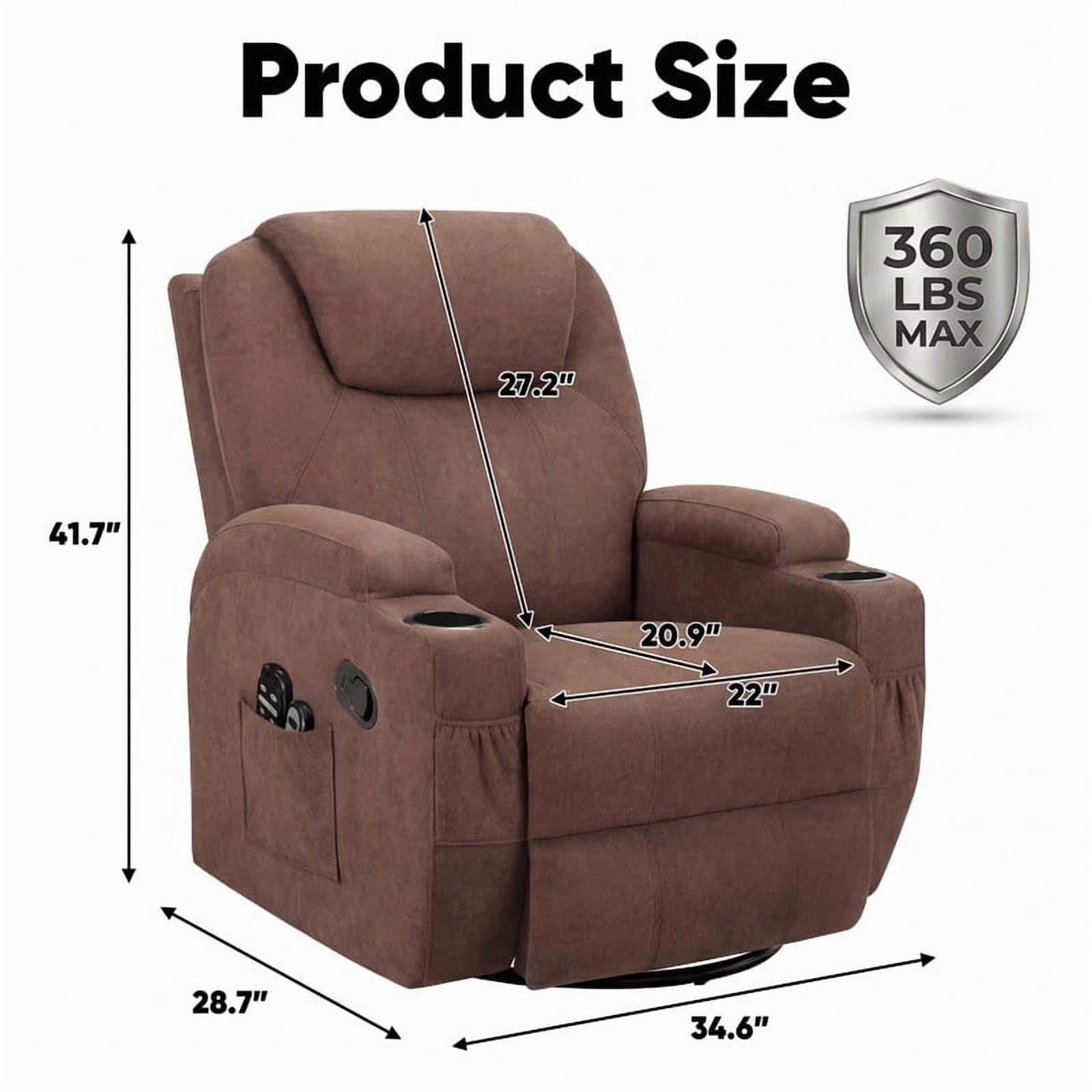Lacoo PU Leather Swivel Rocker Recliner with Massage for Living Room Small Spaces Lounge Recliner Chair with Side Pockets for Adults,Linen Brown