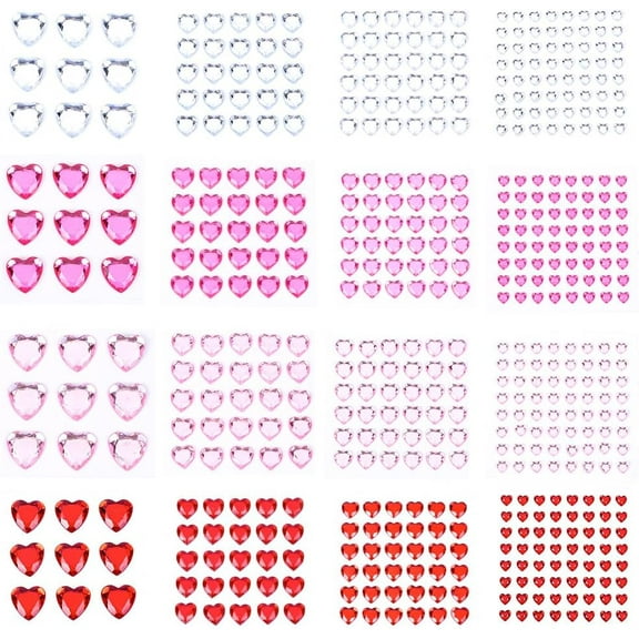 16Pcs 16 Styles Heart Shaped Face Gems Rhinestone Face Stickers Acrylic Flatback Colorful Red Pink Self Adhesive Small Diamond Jewels Stickers Sheets for DIY Makeup Scrapbook Cards Decoration DIY