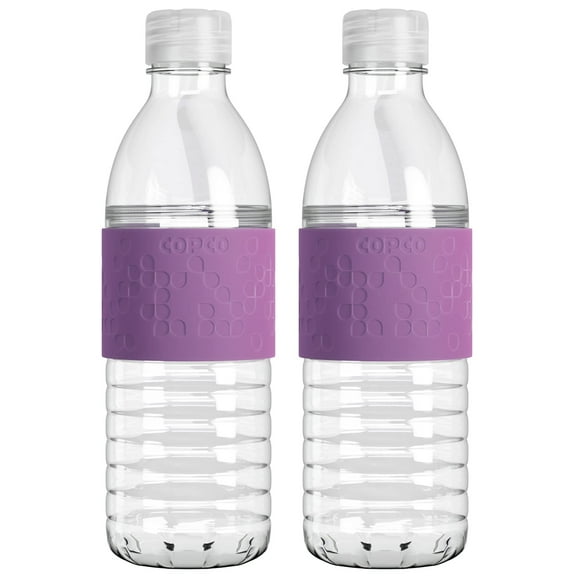 Copco Hydra Reusable Water Bottles, Set of 2, Non-Slip Sleeve, Spill Resistant Lid, Clear Water Bottles for School, Gym, & Travel, 16 Oz (Purple)