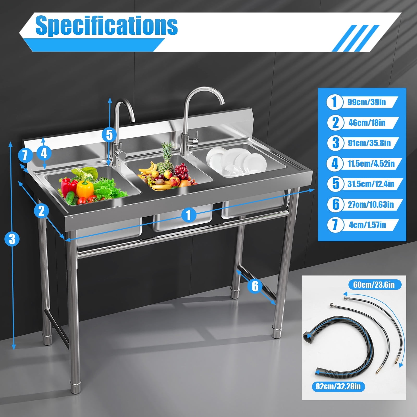 3 Compartment Utility Sink, Free Standing Triple Bowl Kitchen Sink with Cold and Hot Water Faucet, Commercial Stainless Steel Bowl for Kitchens, Garage, Laundry
