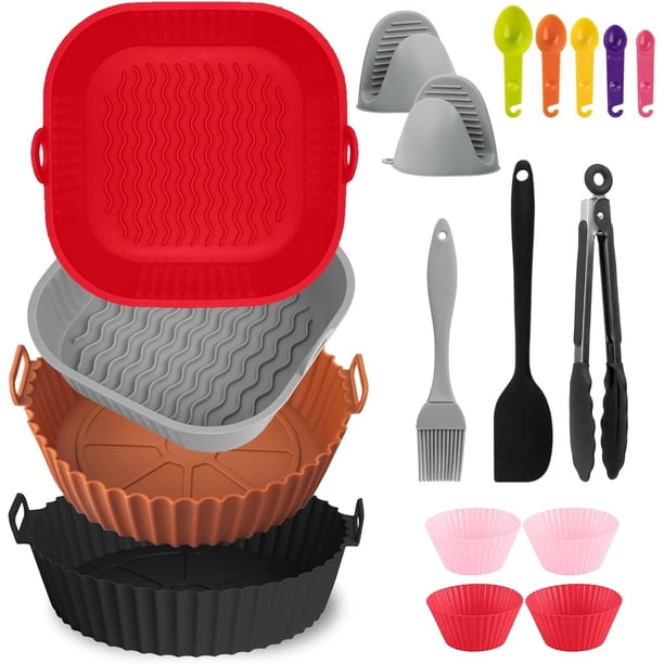 Silicona para Freidora de Aire, 14Pcs Moldes para Freidora de Aire, que Incluye 4Pcs Air Fryer Silicon y Guantes, Pinzas, Brocha de Aceite, Accesorios Air Fryer Reutilizable Antiadherente