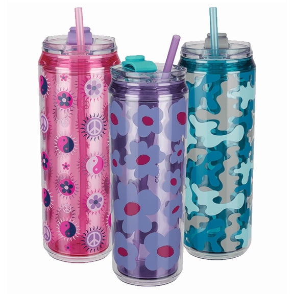 COOL GEAR 3-Pack 22 oz Modern Tumbler with Reusable Straw | Dishwasher Safe, Cup Holder Friendly, Spillproof, Double-Wall Insulated | Printed Pack