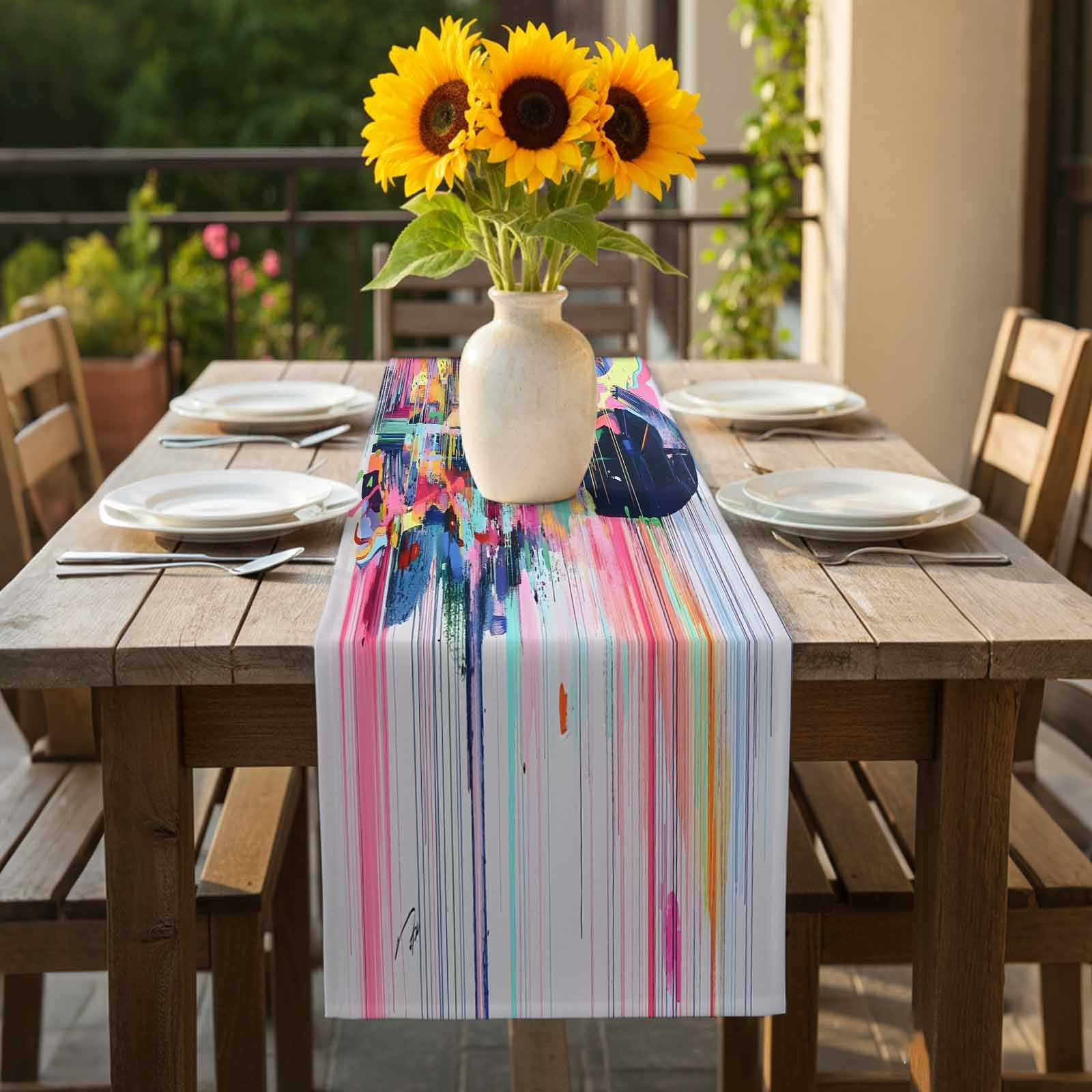 Abstract Art Table Runner 13x108 inch Modernism Colorful Color Block Collage Cotton Linen Dining Table Runner Ideal for Dresser Kitchen Coffee Tables - Machine Washable