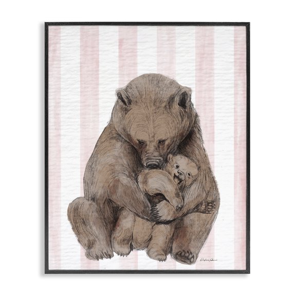 Stupell Industries Cottage Bear and Cub Pink Stripes Black Framed Giclee Art, 11 x 14, by Lil' Rue