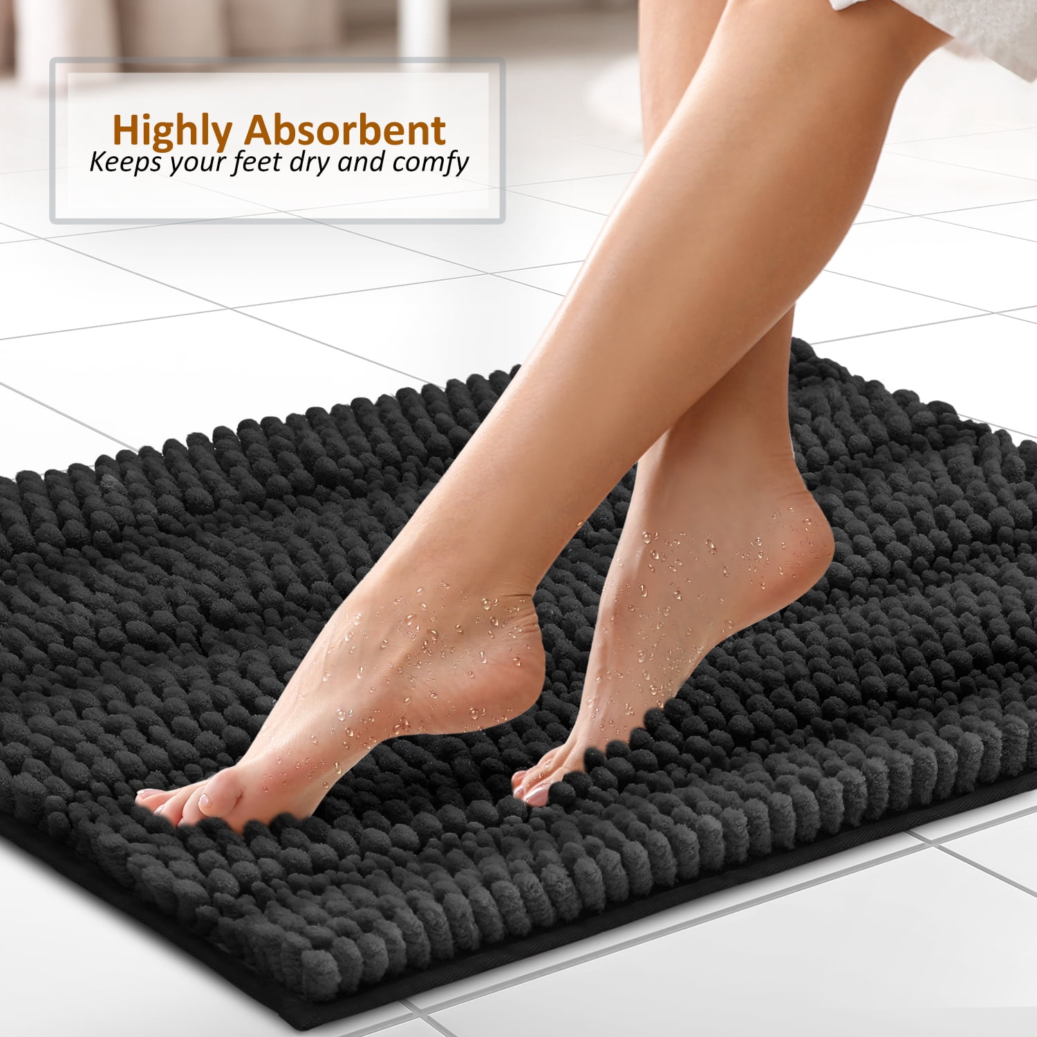 Clara Clark Bath Rug Chenille Bath Mat, Super Soft Absorbent Bathroom Rug, Large, Black
