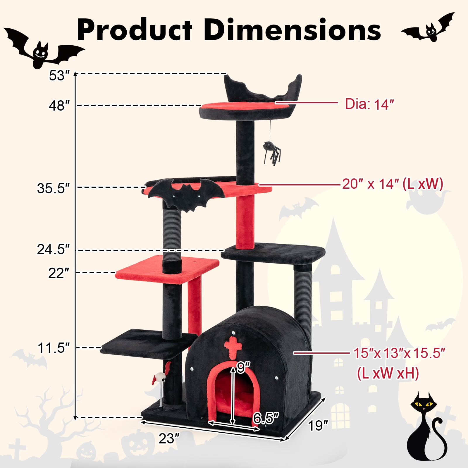 Infans 6-Tier Gothic Cat Tree 53” Tall Cat Tower w/ Cat Bed Arch-Shaped Condo Pompom
