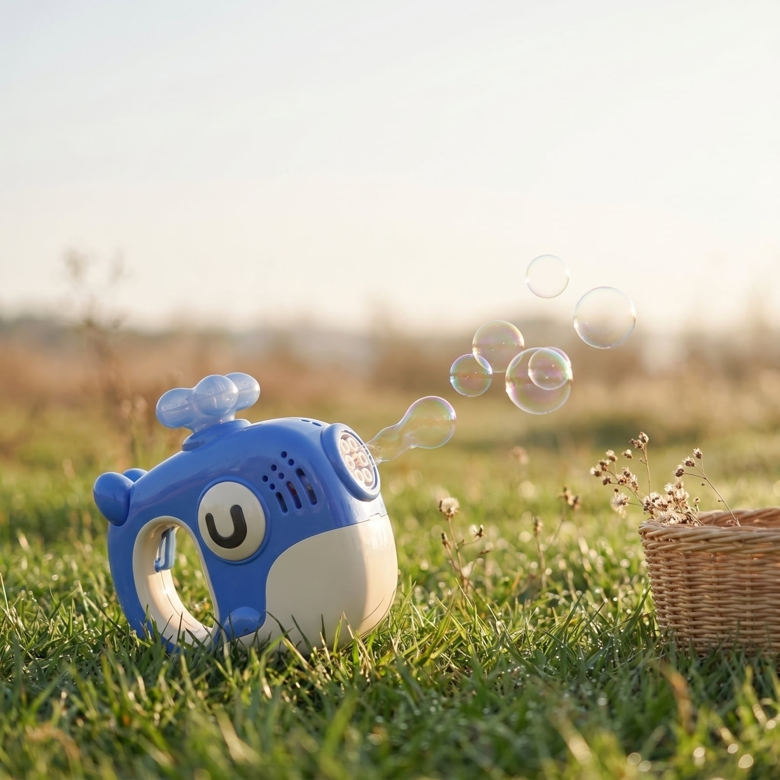 Cartoon Electric Bubble Blowing Machine with LED Lights and Music, Complete Set with Bubble Solution and USB Charging Cable for Outdoor Parties and Backyard Fun (Blue)