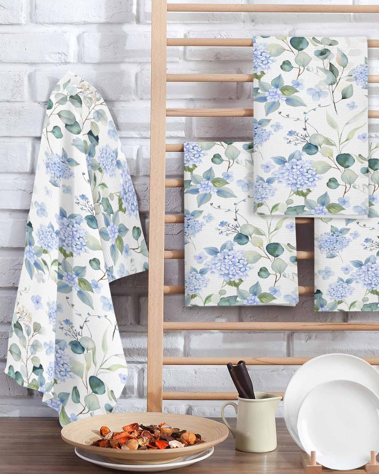 Blue Flower Kitchen Dish Towels for Drying Dishes Set of 3, Sage Green Eucalyptus Leaf Farmhouse Country Waffle Weave Microfiber Terry Hand Tea Bathroom Towels Quick Dry & Absorbent Towel 15.7x23.6