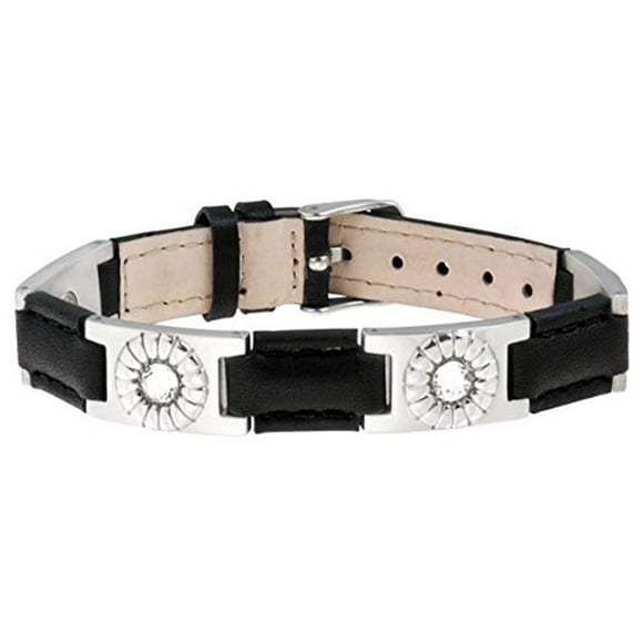Sabona 26100 Leather Gem Stainless Magnetic Bracelet, Black & Silver - OSFM