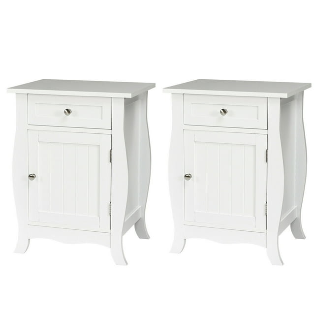 Gymax 2 Pcs Table d'Appoint avec Tiroir Armoire de Rangement Table de Chevet Blanche