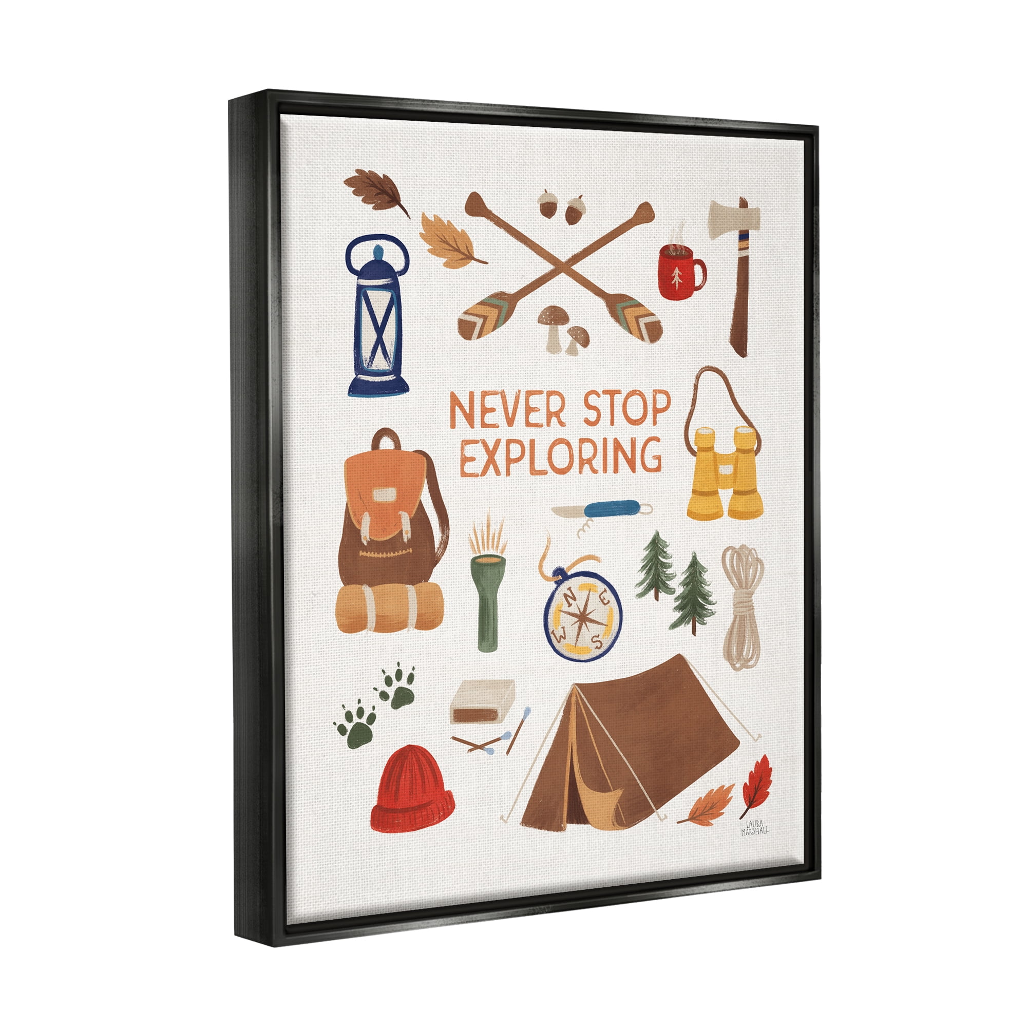 Stupell Industries Never Stop Exploring Phrase Typography Painting Black Floater Framed Art Print Wall Art, 25 x 31
